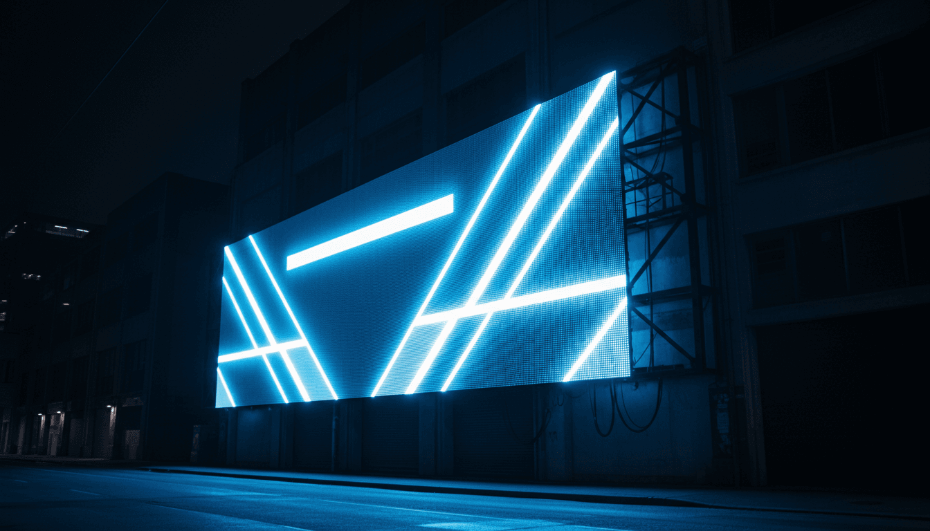 Large-scale LED flex board illuminated on building exterior