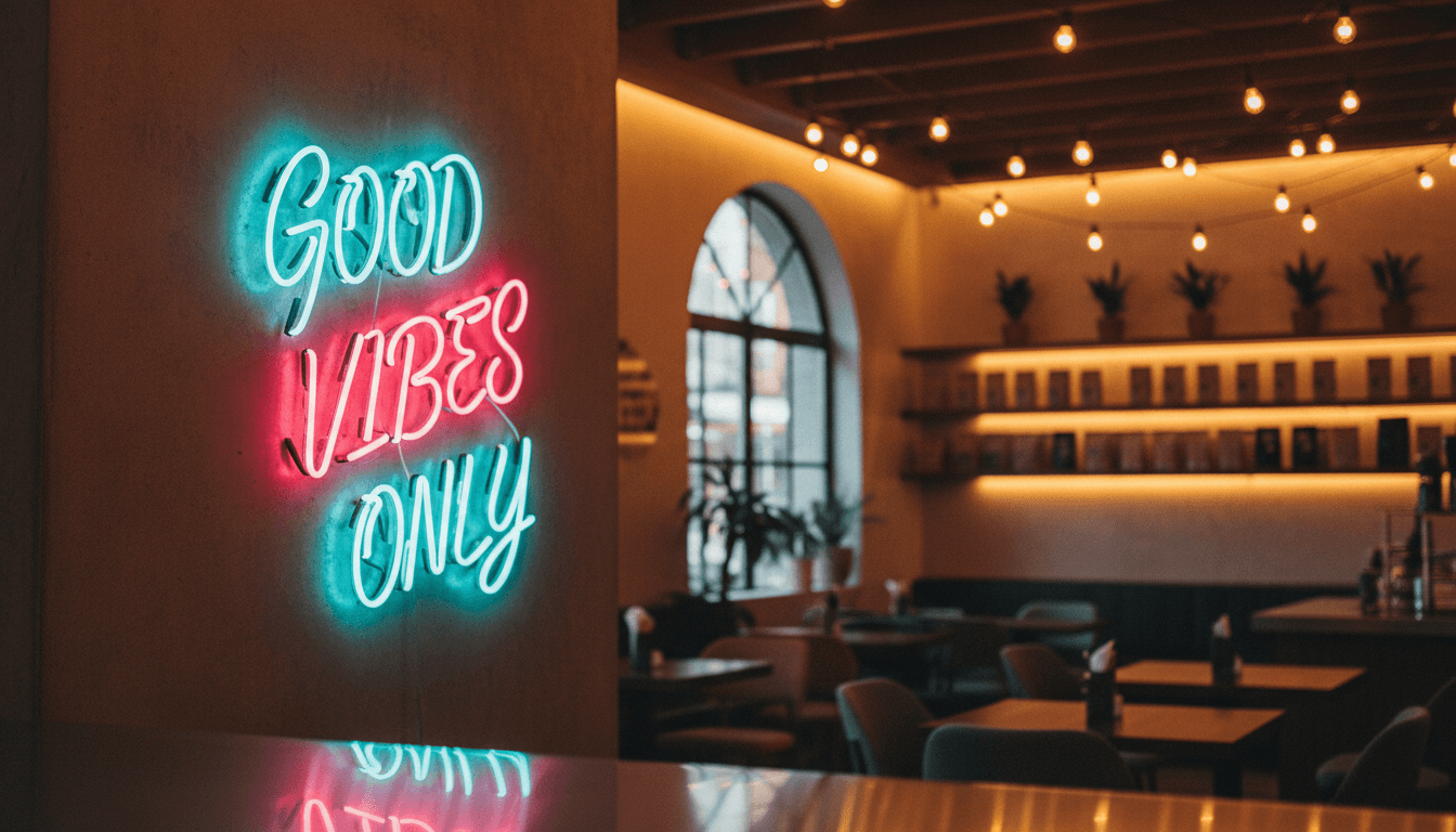 Colorful neon flex art installation in modern cafe interior