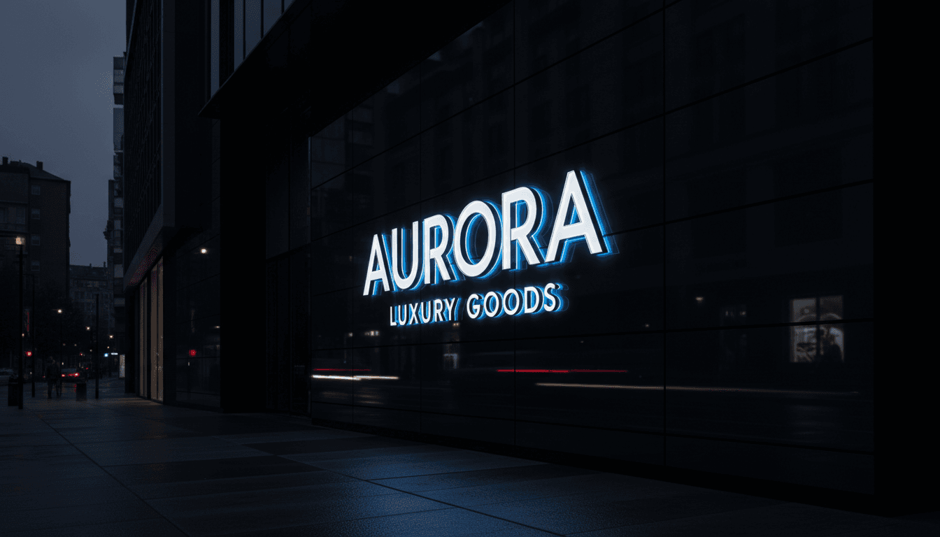 Premium LED storefront signage illuminated at night with 3D acrylic letters glowing in white and neon blue