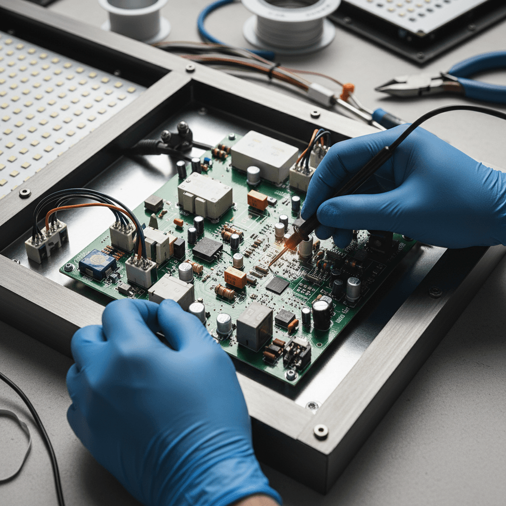 Technician inspecting LED circuit board and power connections