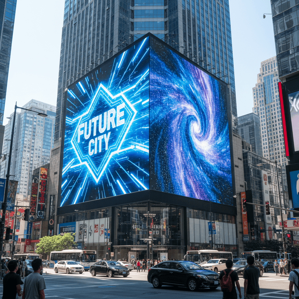 Digital billboard displaying content during daytime