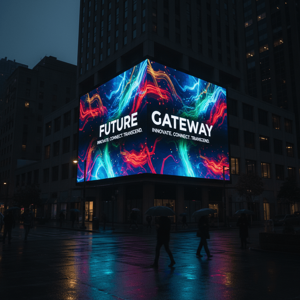 Illuminated programmable LED digital billboard on building facade at dusk