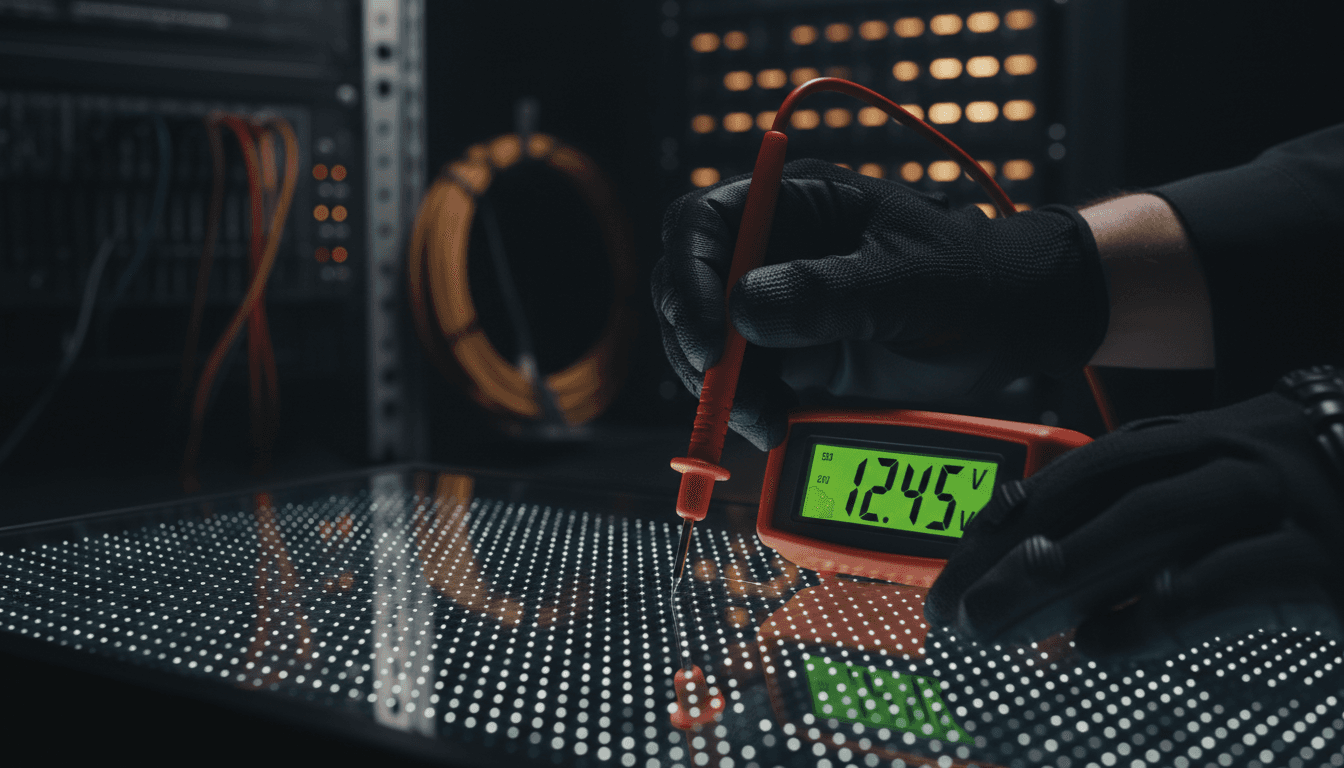 Technician performing detailed LED panel inspection and diagnostics