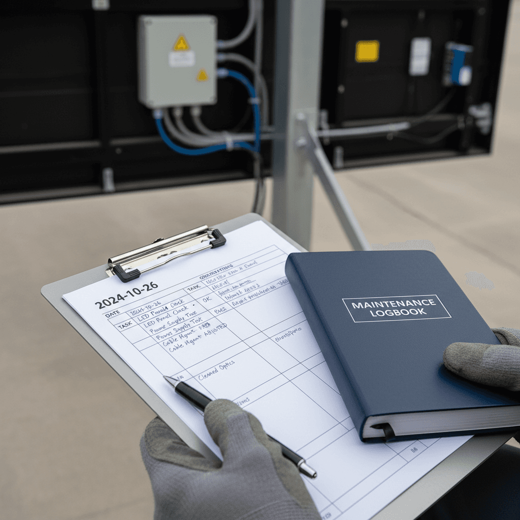 Technician documenting LED maintenance work and service records