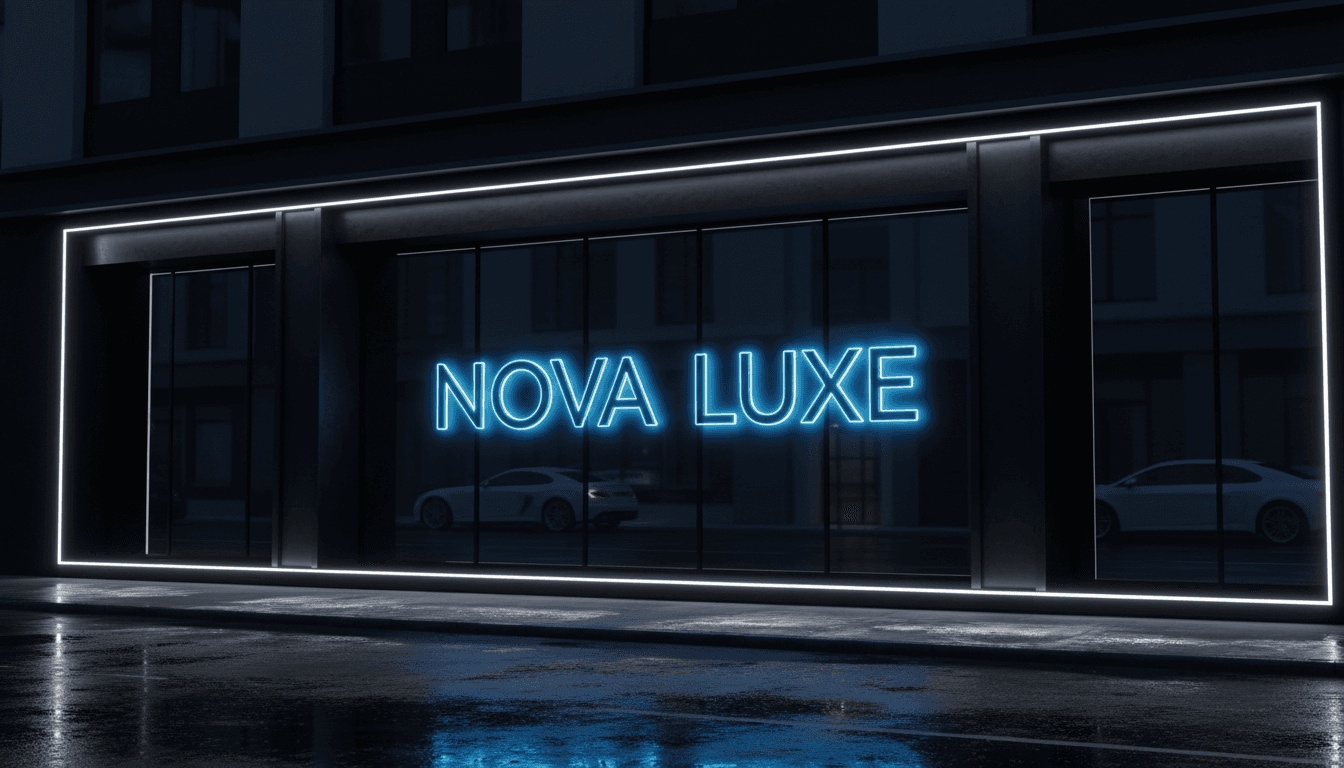 Modern storefront with illuminated 3D acrylic channel letters at dusk