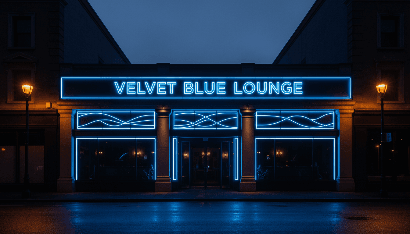 Premium LED signage installation on a modern storefront at night with neon blue illumination