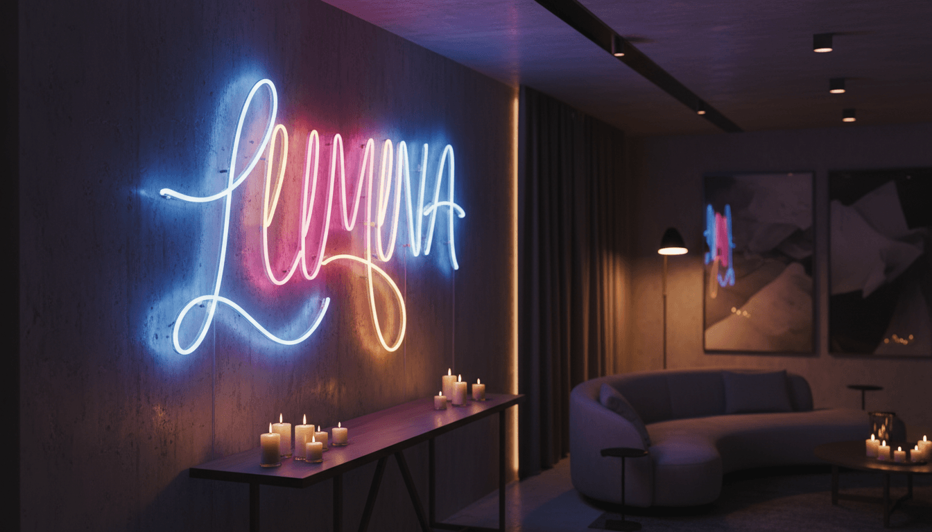 Glowing neon flex art lettering mounted on interior accent wall