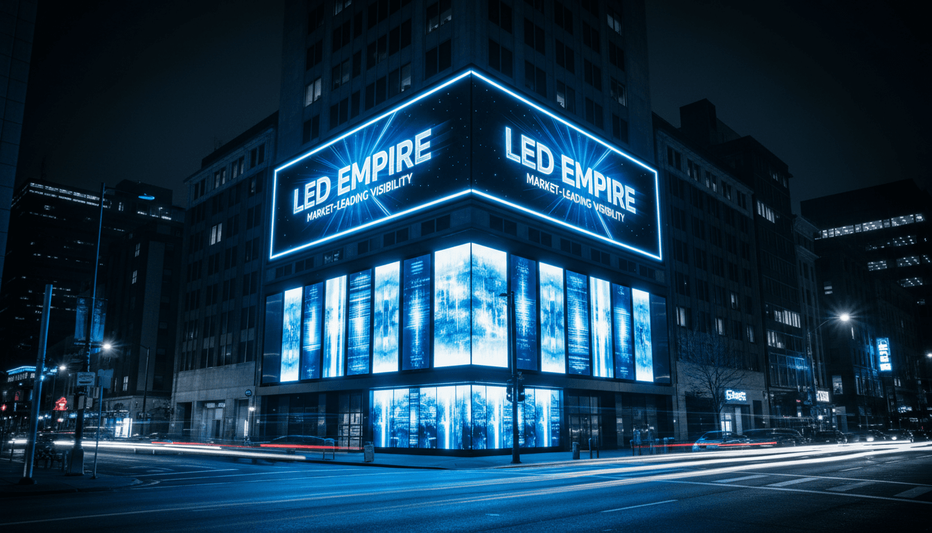 Vibrant LED digital billboards illuminating a modern storefront with neon blue and white displays at night