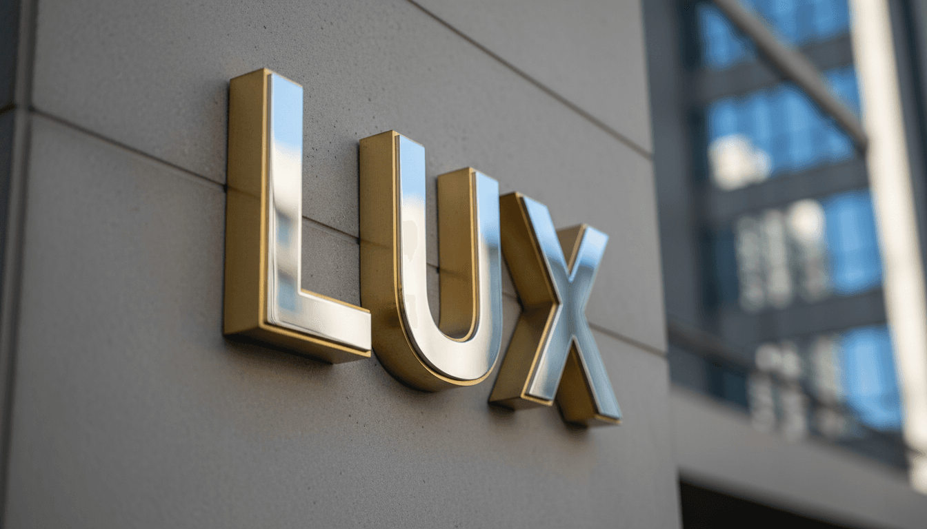 Polished stainless steel and brass lettering on corporate building