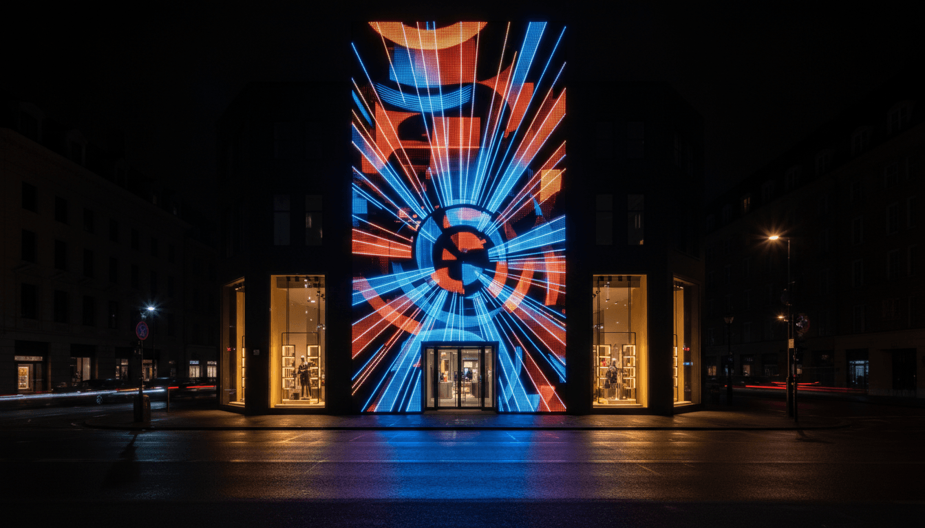 Illuminated LED storefront signage at night in Hyderabad
