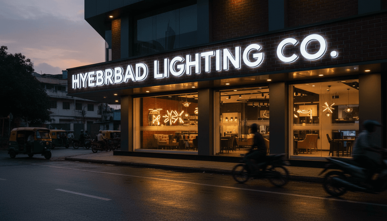 Illuminated 3D channel letters on storefront at dusk