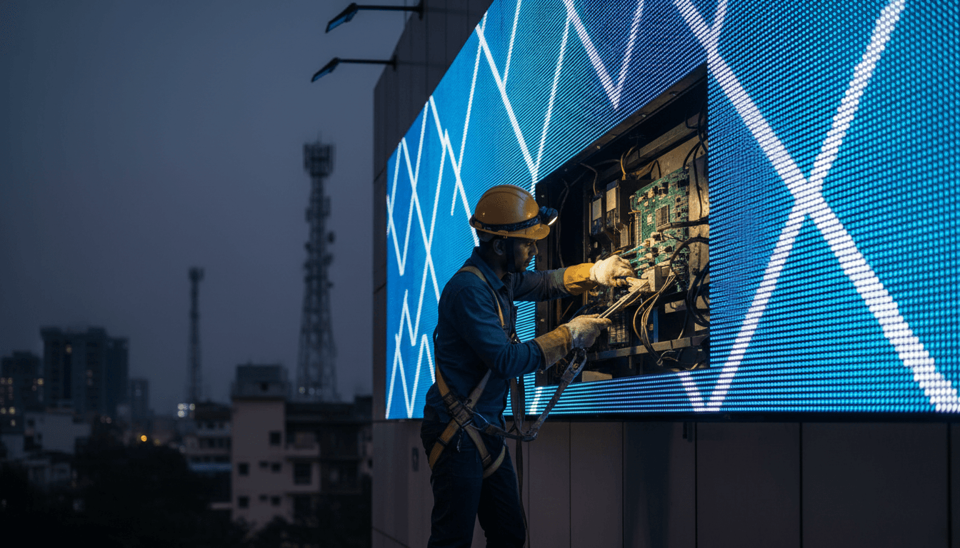 LED maintenance technician servicing a high-visibility display sign with precision equipment