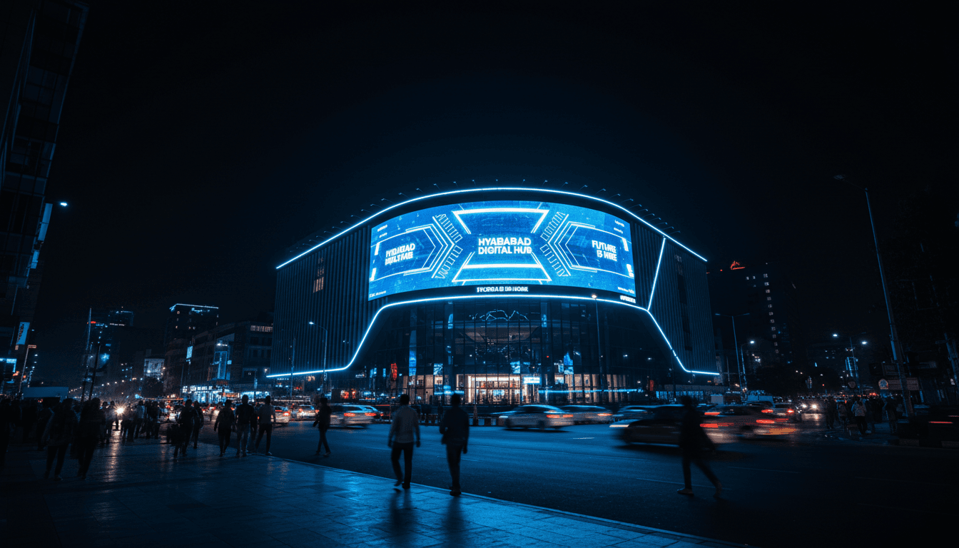Brilliant digital billboard at night displaying neon blue and white messaging on urban building