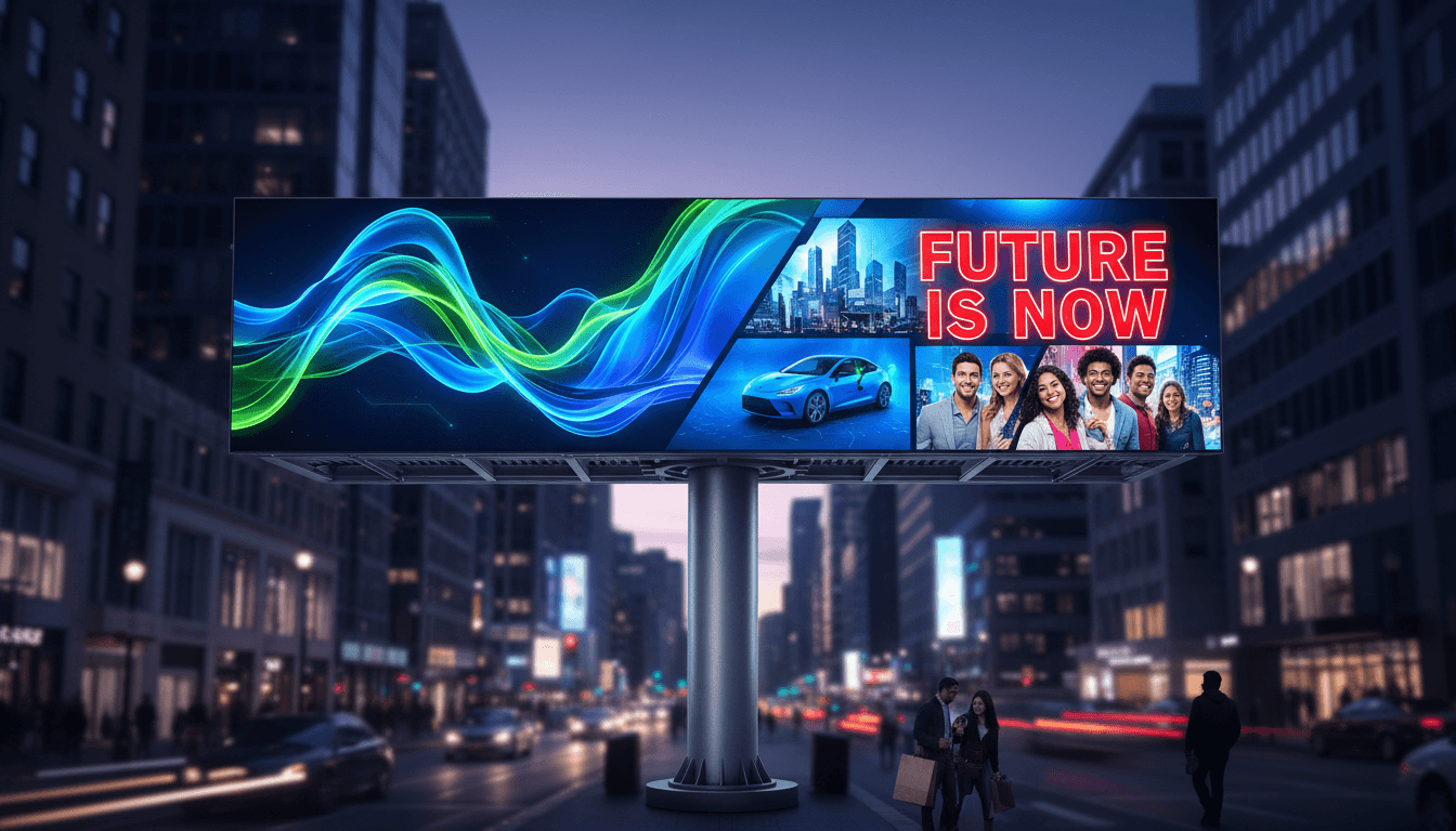 Large programmable digital billboard displaying dynamic content in urban setting