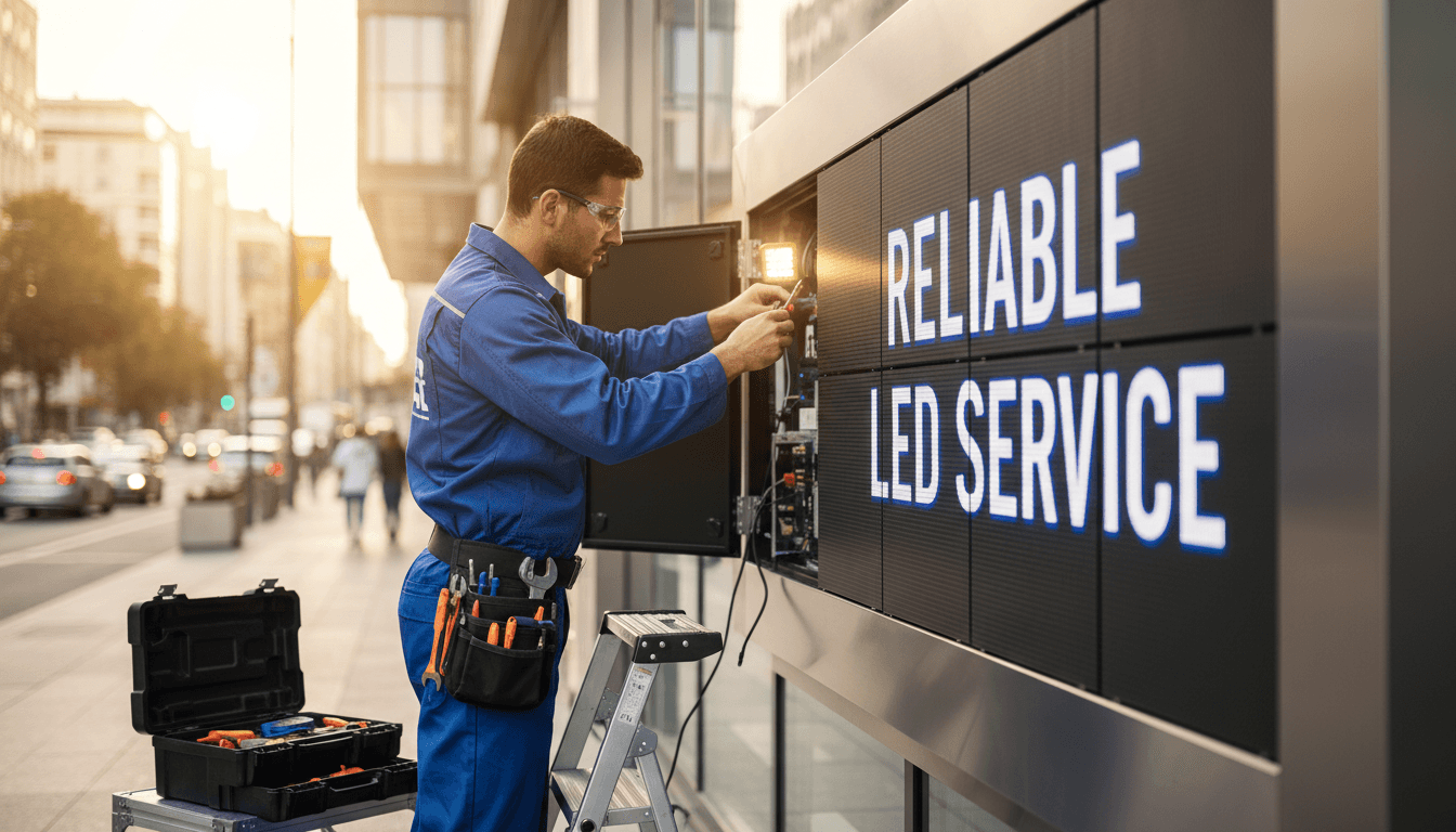 Technician performing professional maintenance on LED installation