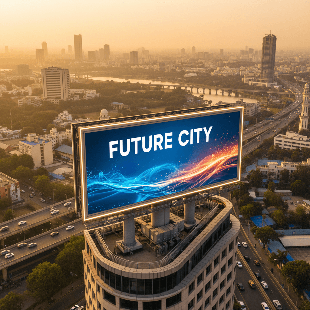 Elevated digital billboard overlooking city landscape