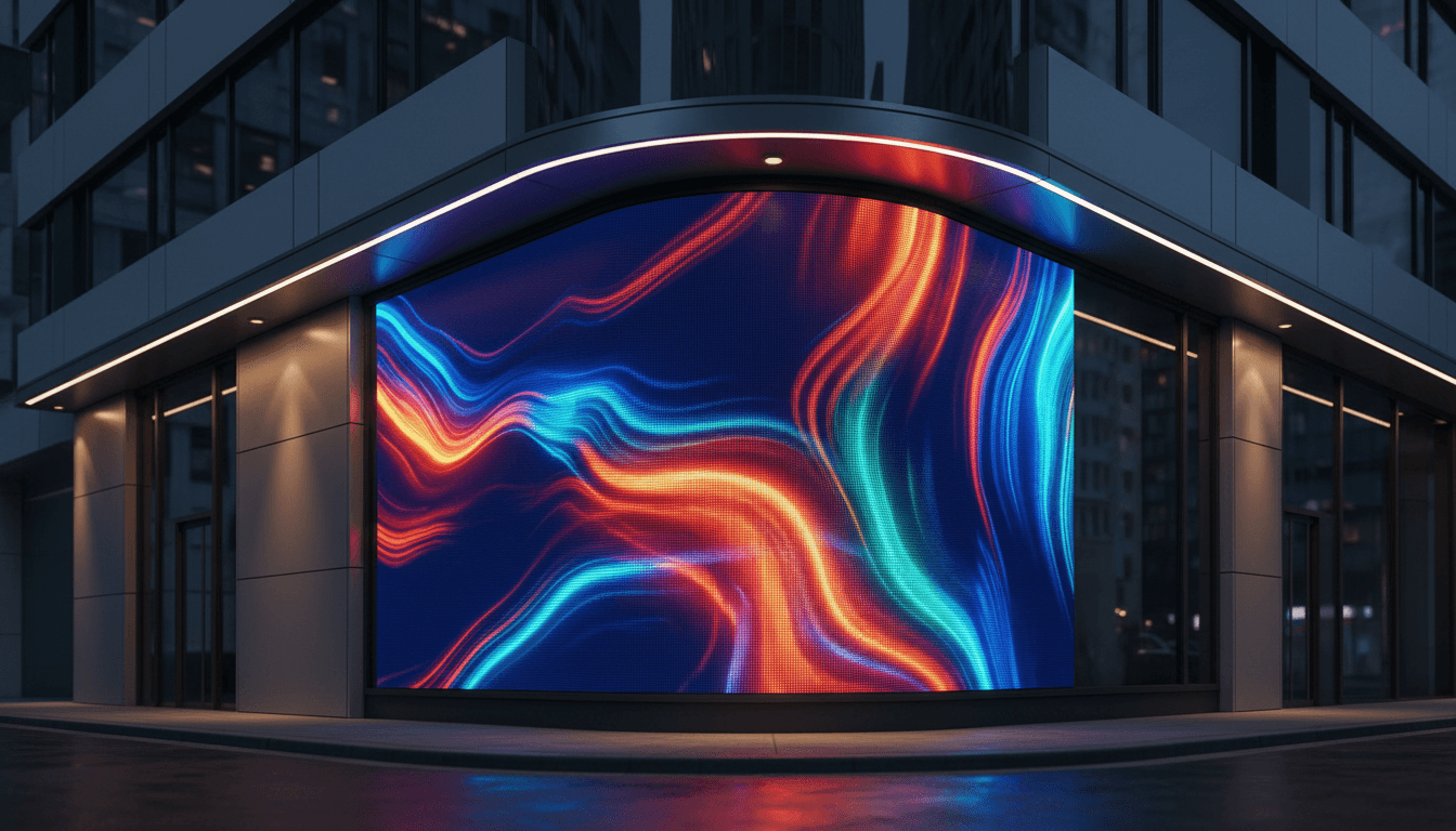 Illuminated LED flex board installed on curved building exterior at night