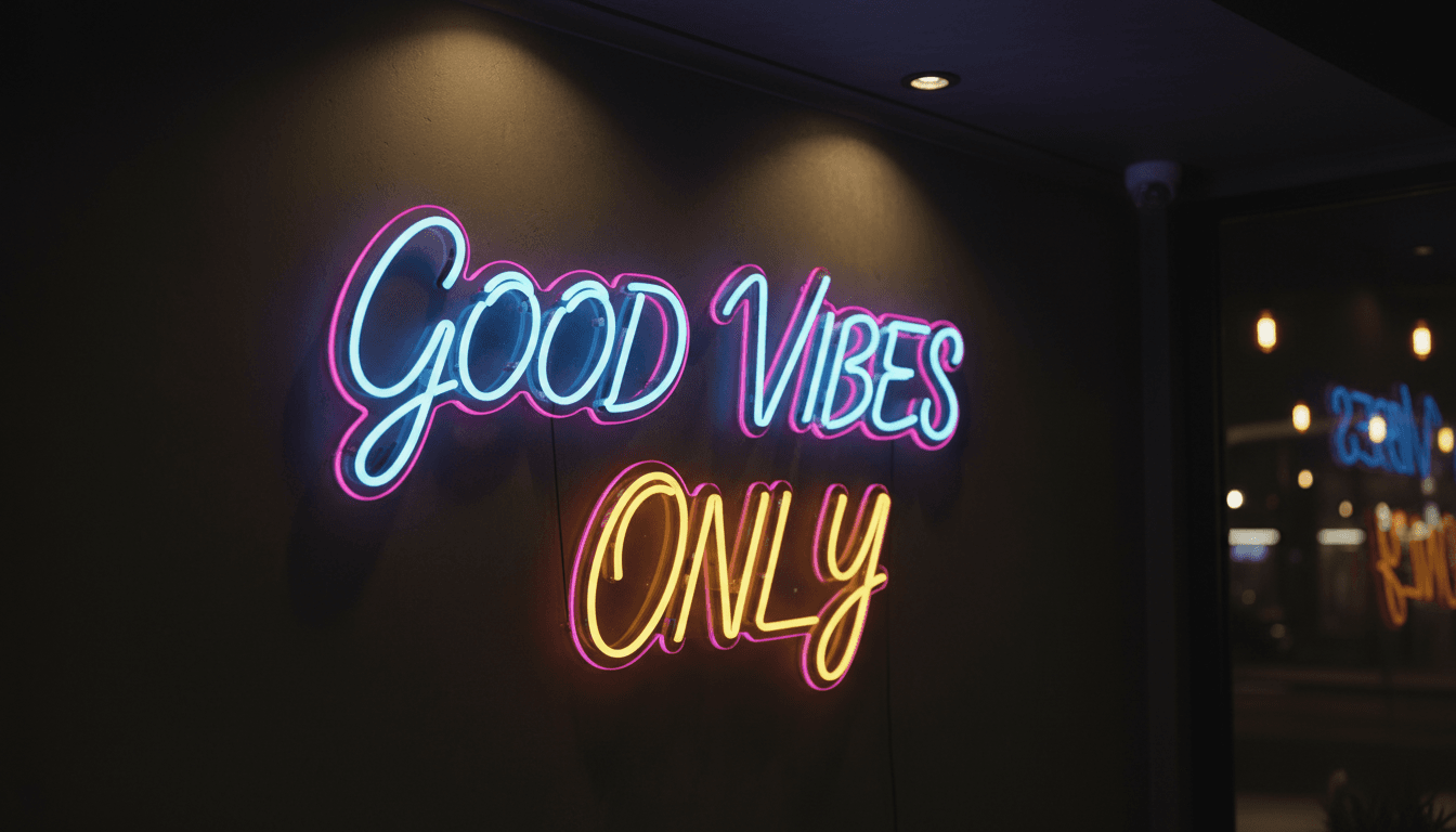 Neon flex lettering illuminated in modern interior space