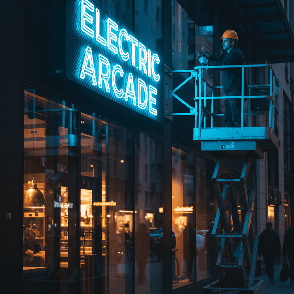 LED maintenance technician adjusting sign brackets on storefront