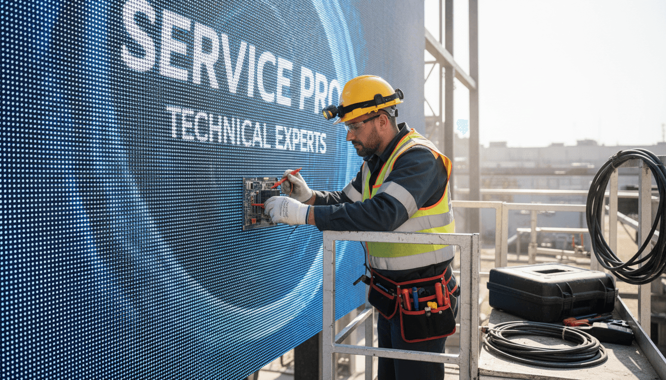 Technician performing maintenance work on LED signage installation